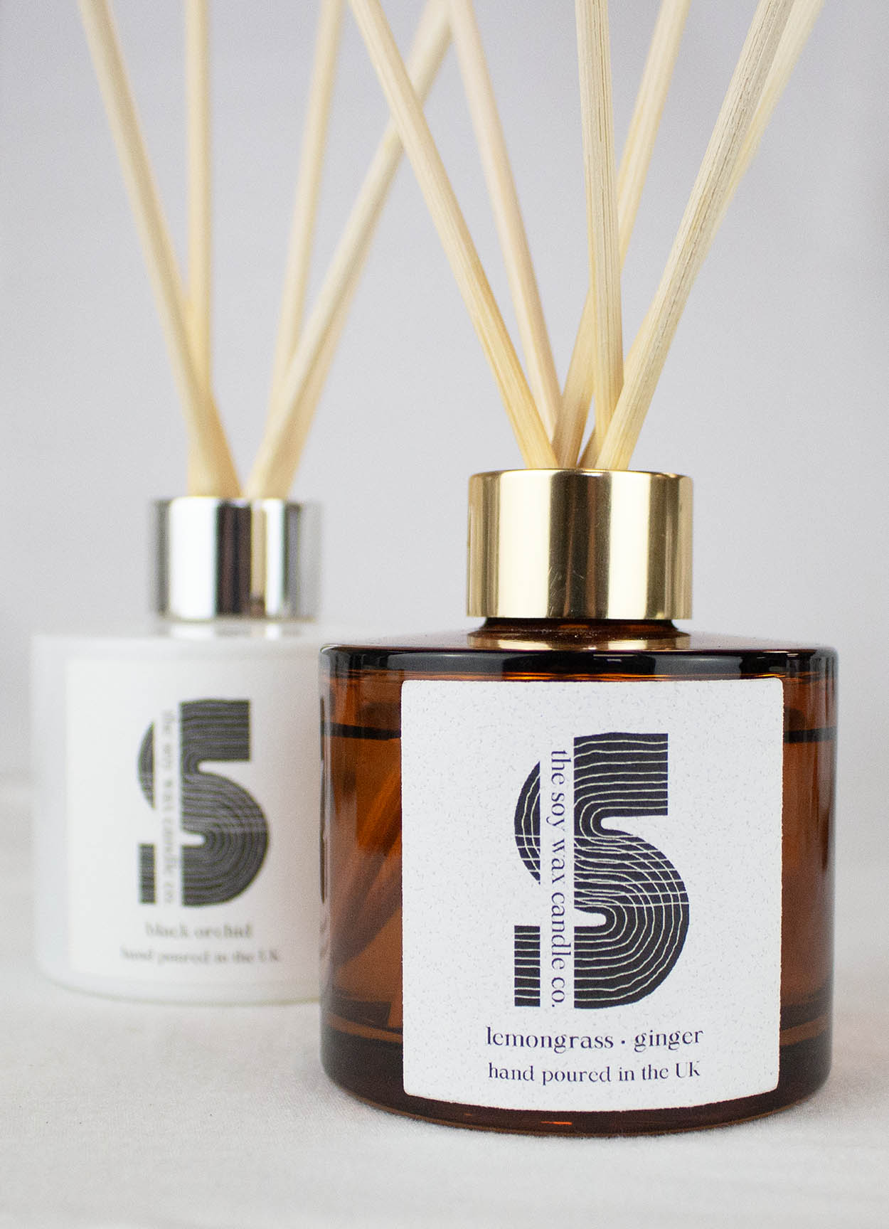 Luxury vegan reed diffuser with long lasting fragrance, elegant glass bottle and natural reeds, UK home fragrance by The Soy Wax Candle Company