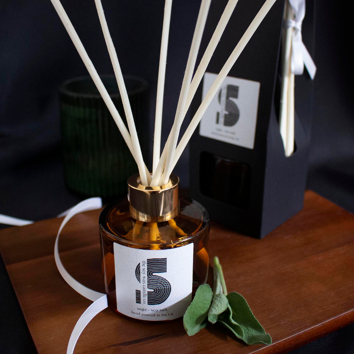 The Soy Wax Candle Company Luxury Gifting, Sage & Sea Salt Fragrance, Woody, Fresh, hand-poured in Essex, Reed Diffuser.