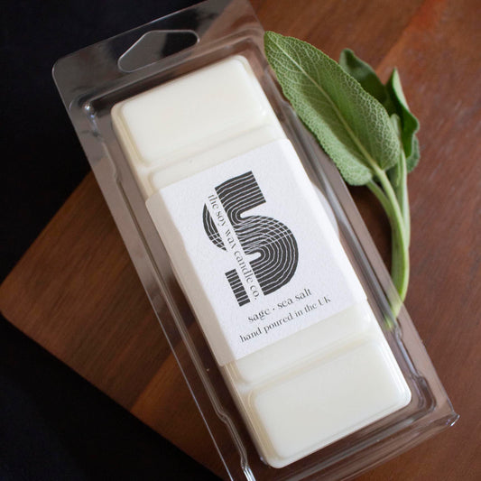 The Soy Wax Candle Company Luxury Gifting, Sage & Sea Salt Fragrance, Woody, Fresh, hand-poured in Essex, Soy Wax Melt Bar, Wax Melts, reed diffusers.